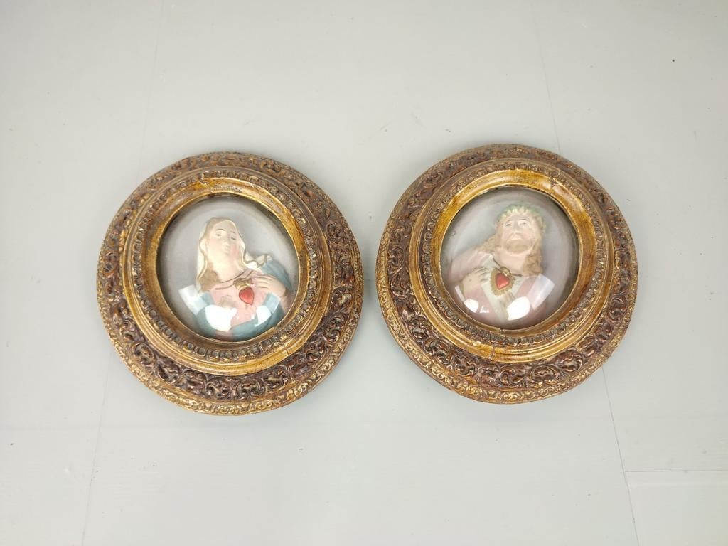 2 antieke gipsen kaders Jezus & Maria, Antiek en Kunst, Ophalen of Verzenden
