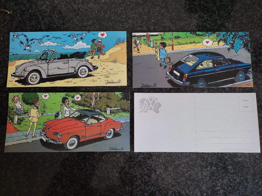 3cartes de Jidéhem parues à l'occasion des 50 ans Volkswagen, Enlèvement ou Envoi, Autres personnages, Neuf, Image, Affiche ou Autocollant