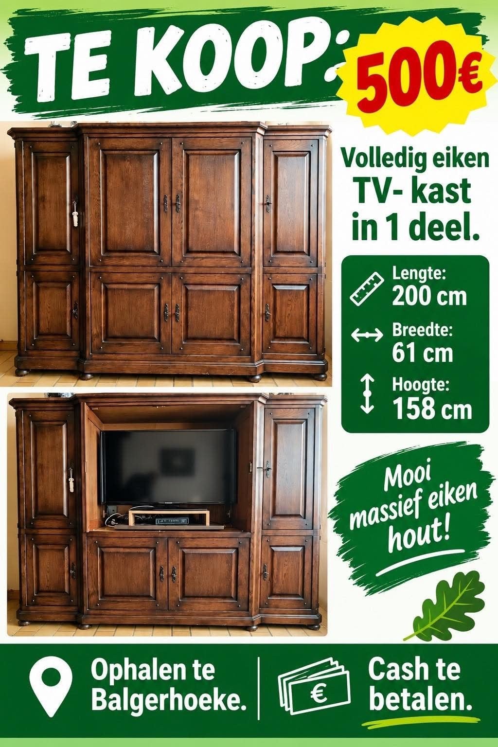 Zeer mooie Eiken TV-Kast, Ophalen, Zo goed als nieuw