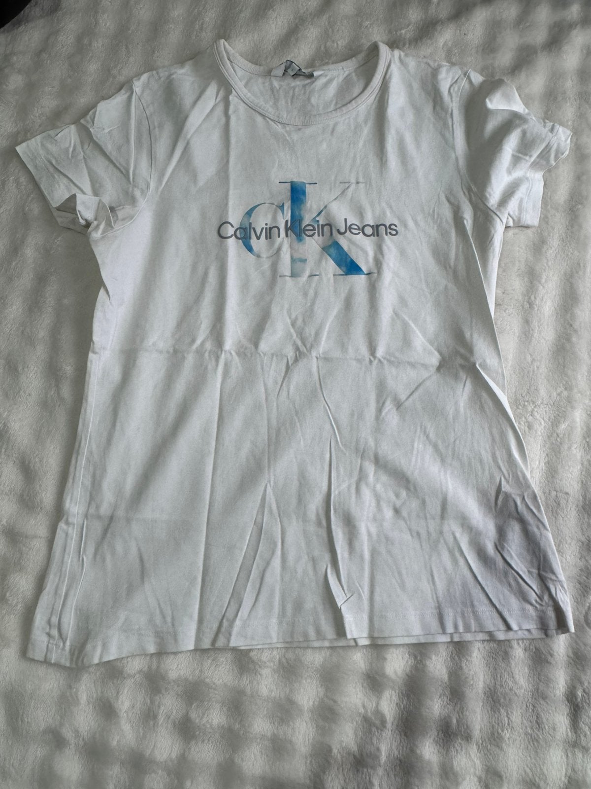 T shirt calvin klein blanc avec imprimer bleu, Kleding | Heren, Ophalen, Zo goed als nieuw, Blauw