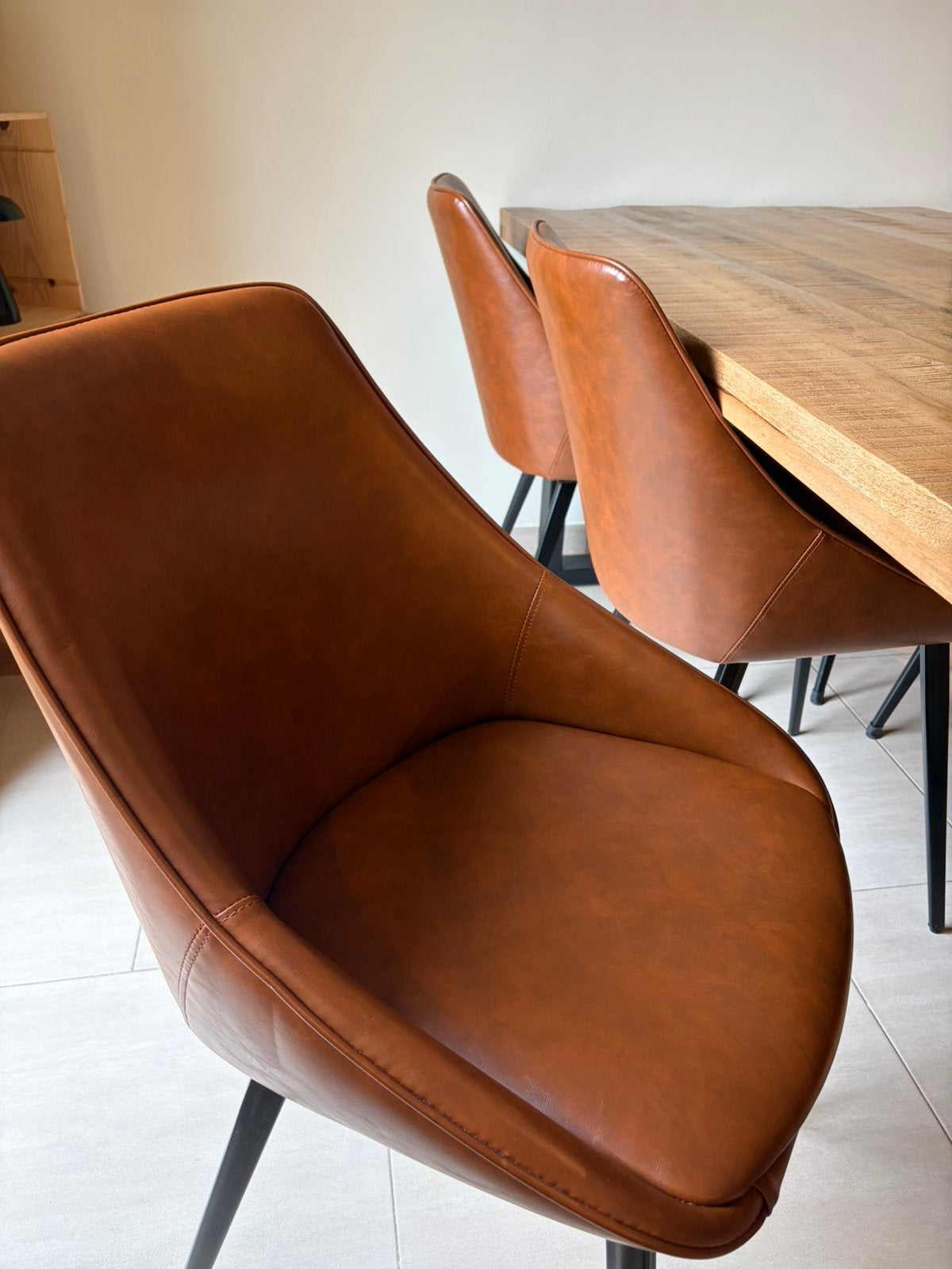 Cognac kleurige, lederen eetkamerstoelen, Ophalen, Bruin, Leer, Zo goed als nieuw