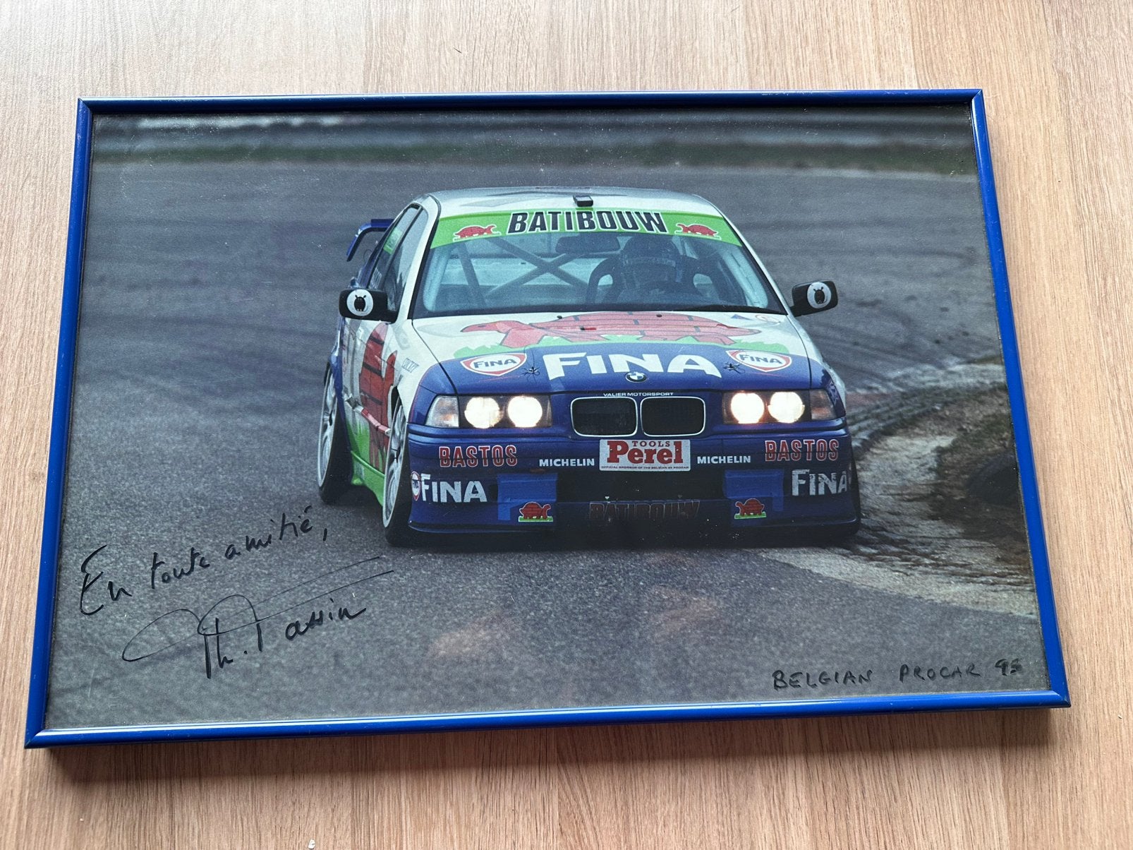 Foto gesigneerd Thierry Tassin BMW E36 Bastos FINA Procar 95, Ophalen of Verzenden, Gebruikt, Auto's