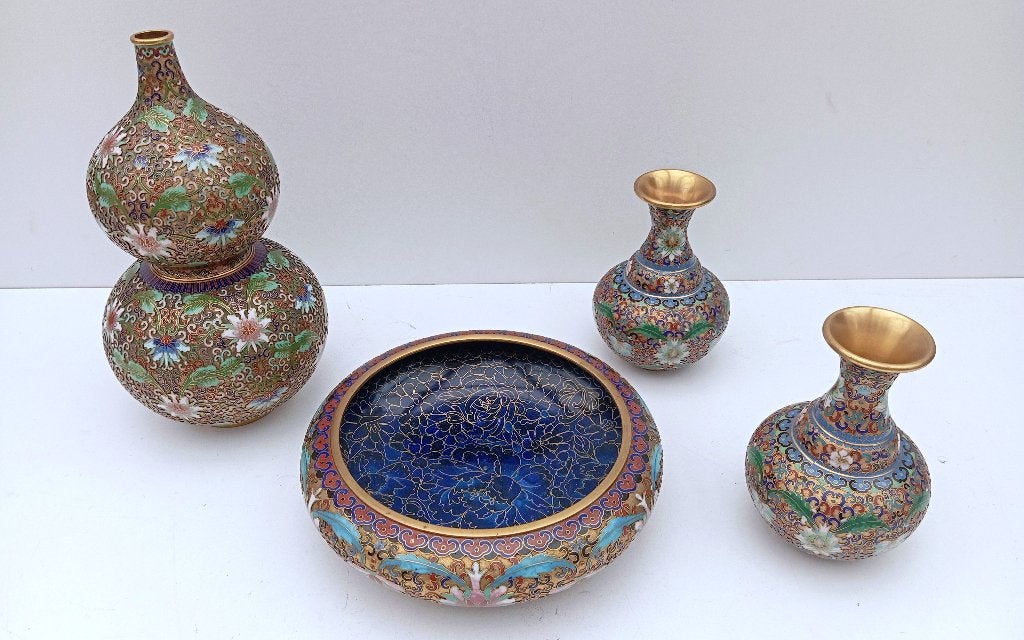 LOT VAN 4 TOPSTUKKEN CLOISONNE VAZEN SCHAAL, Antiek en Kunst, Antiek | Vazen, Ophalen of Verzenden