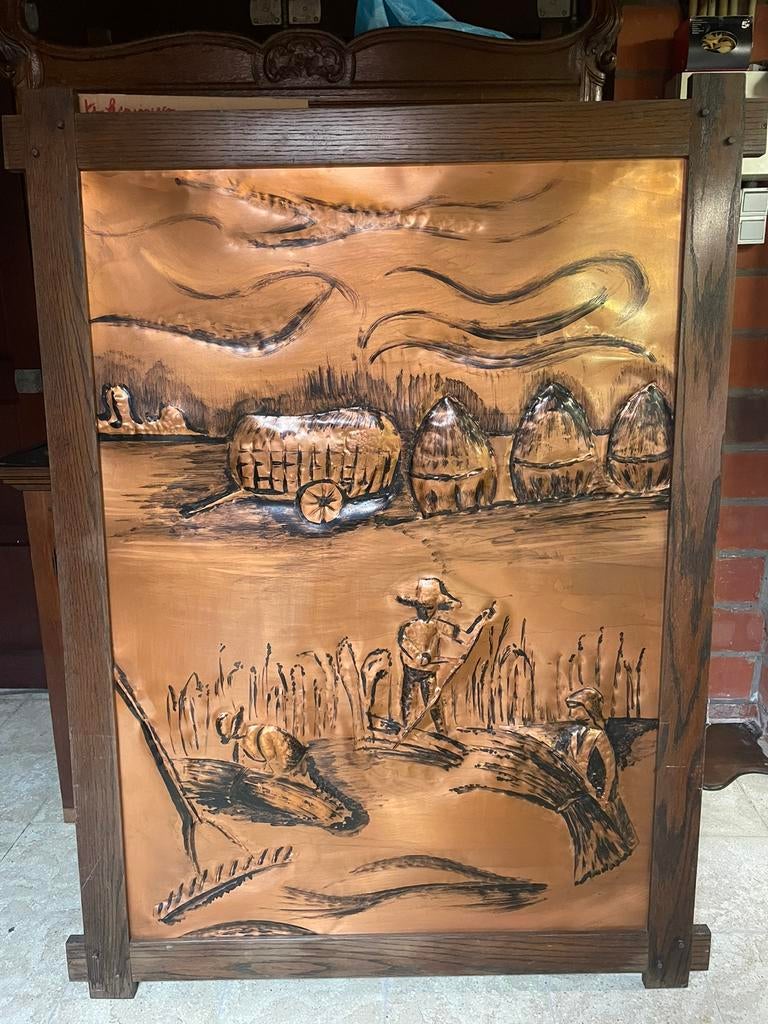 Landbouwtafereel koper 157/117cm, Antiek en Kunst, Antiek | Meubels | Kasten, Ophalen