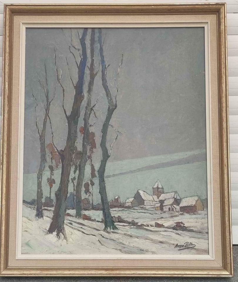 Huile sur panneau paysage enneigé signe ange pultau, Antiquités & Art, Art | Peinture | Classique, Enlèvement ou Envoi, Paysage