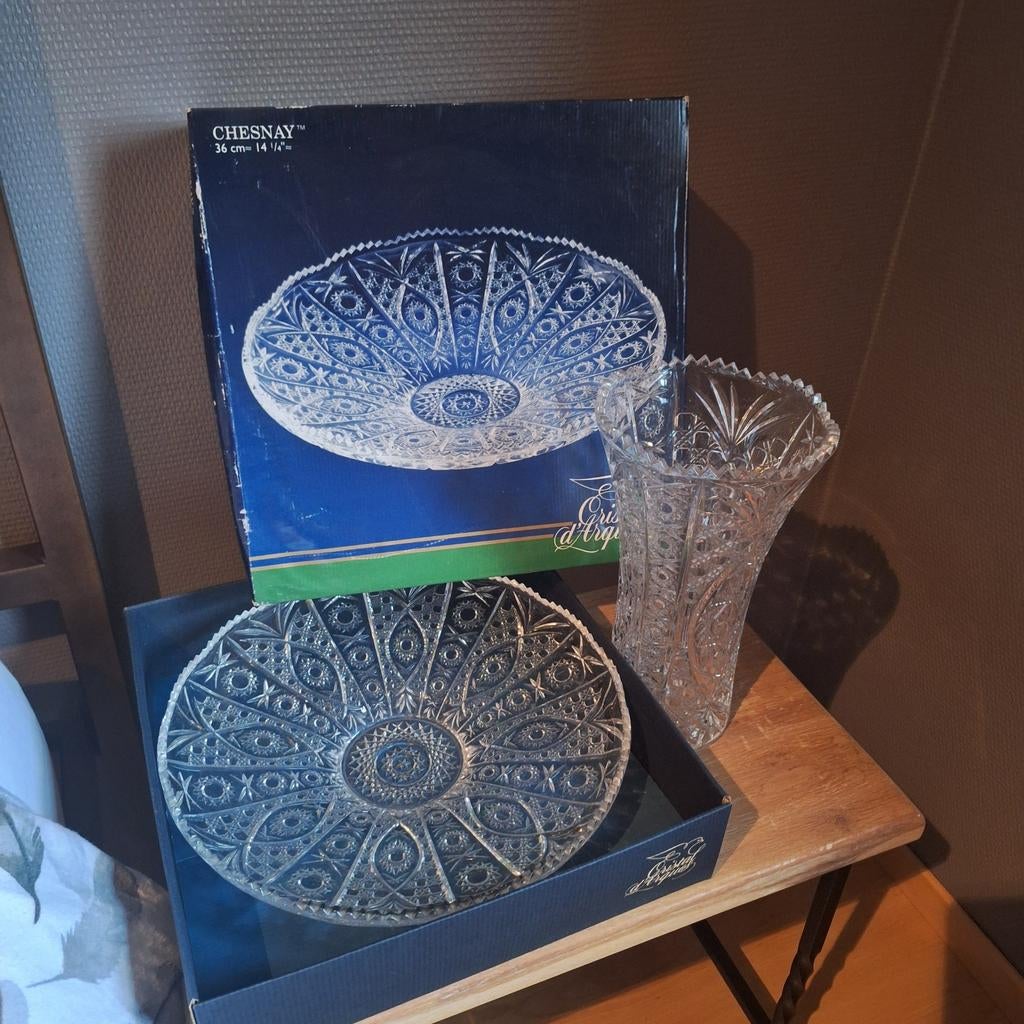 Cristal d’Arques schaal 36 cm + kristallen vaas – set, Antiek en Kunst, Ophalen