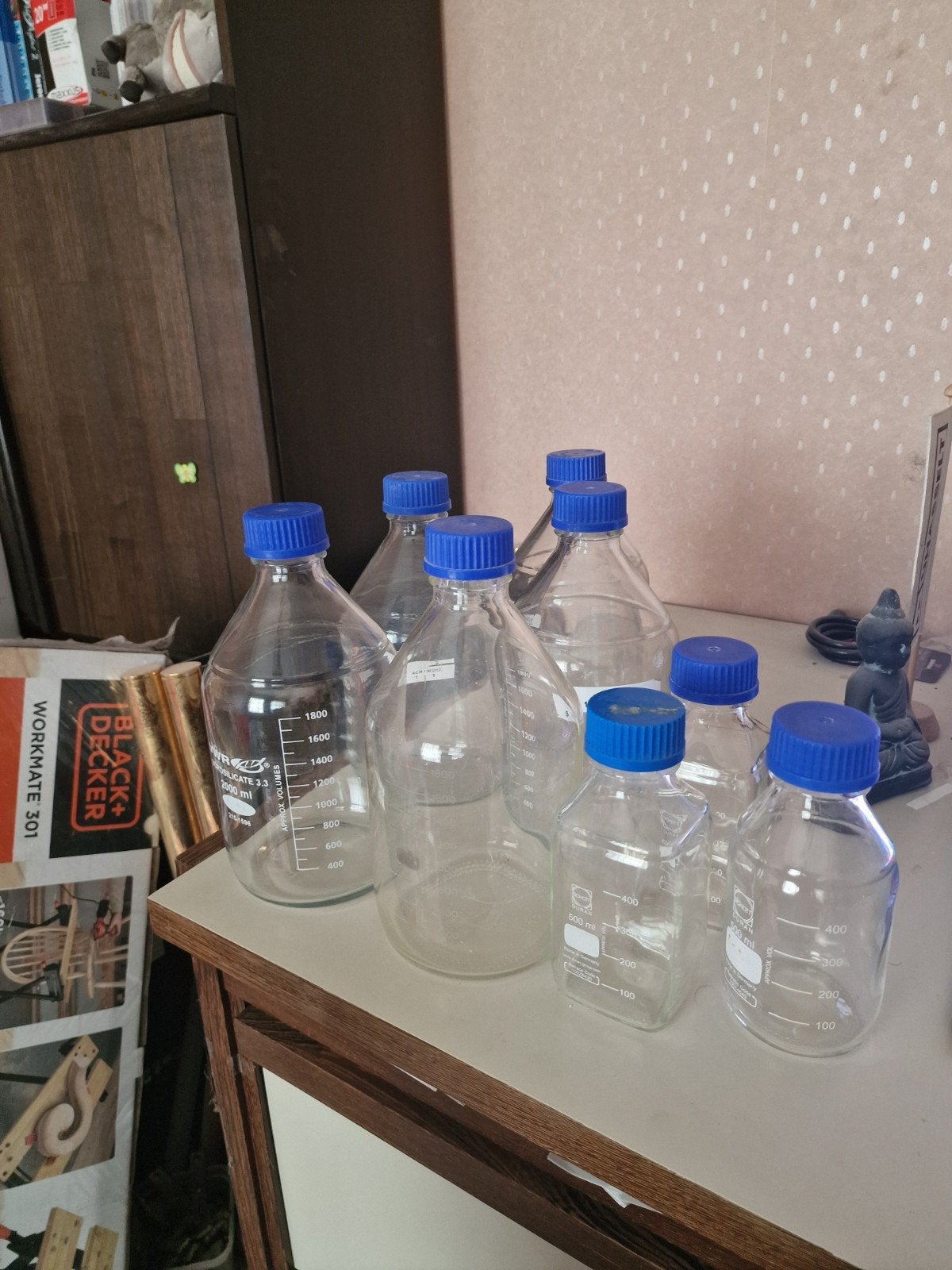 Mooie set Borosilicaat laboflessen (VWR/Schott Duran) 8 stuk, Verzamelen, Glas en Drinkglazen, Ophalen