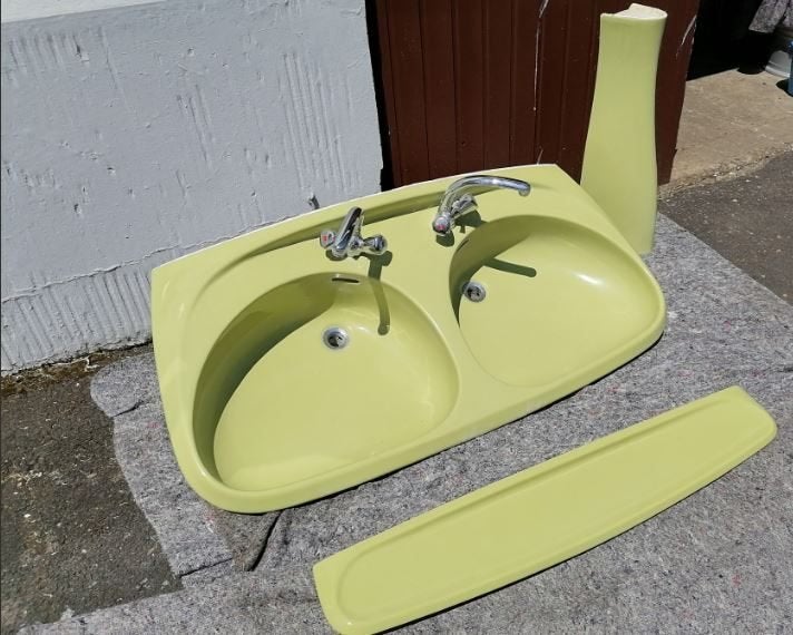 vintage dubbele wastafel lavabo Ideal Standard 1970, Ophalen, Zo goed als nieuw, Steen, Wastafel