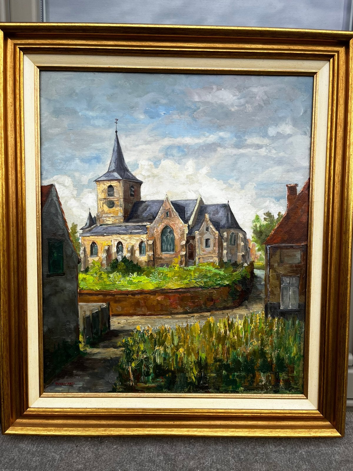Kerk Relegem, Antiquités & Art, Art | Peinture | Classique, Enlèvement, Paysage urbain / rural, Signé, Peinture à l'huile