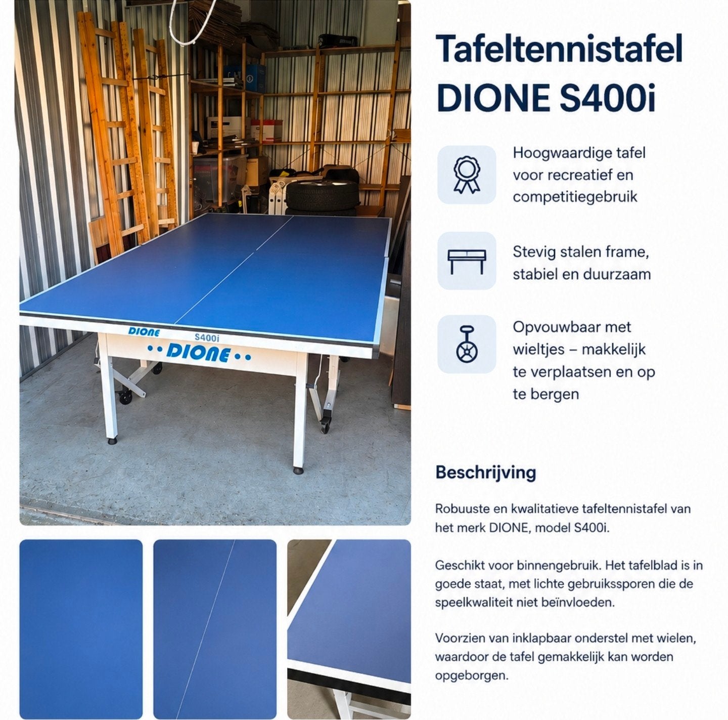 DIONE S400i Tafeltennistafel – inklapbaar – met net – goede, Enlèvement