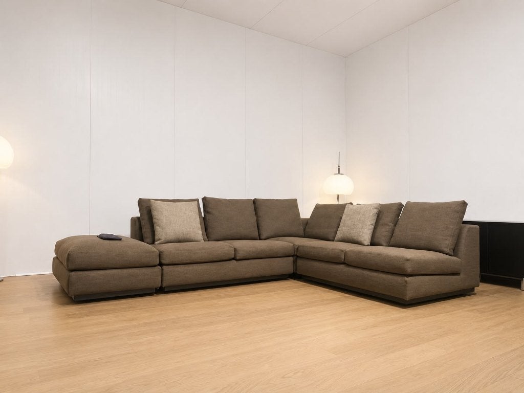 ZGAN Minotti Andersen Hoekbank Taupe + Hocker - NP €35.000, Huis en Inrichting, Zetels | Zetels, Hoekbank, 300 cm of meer, Ophalen of Verzenden