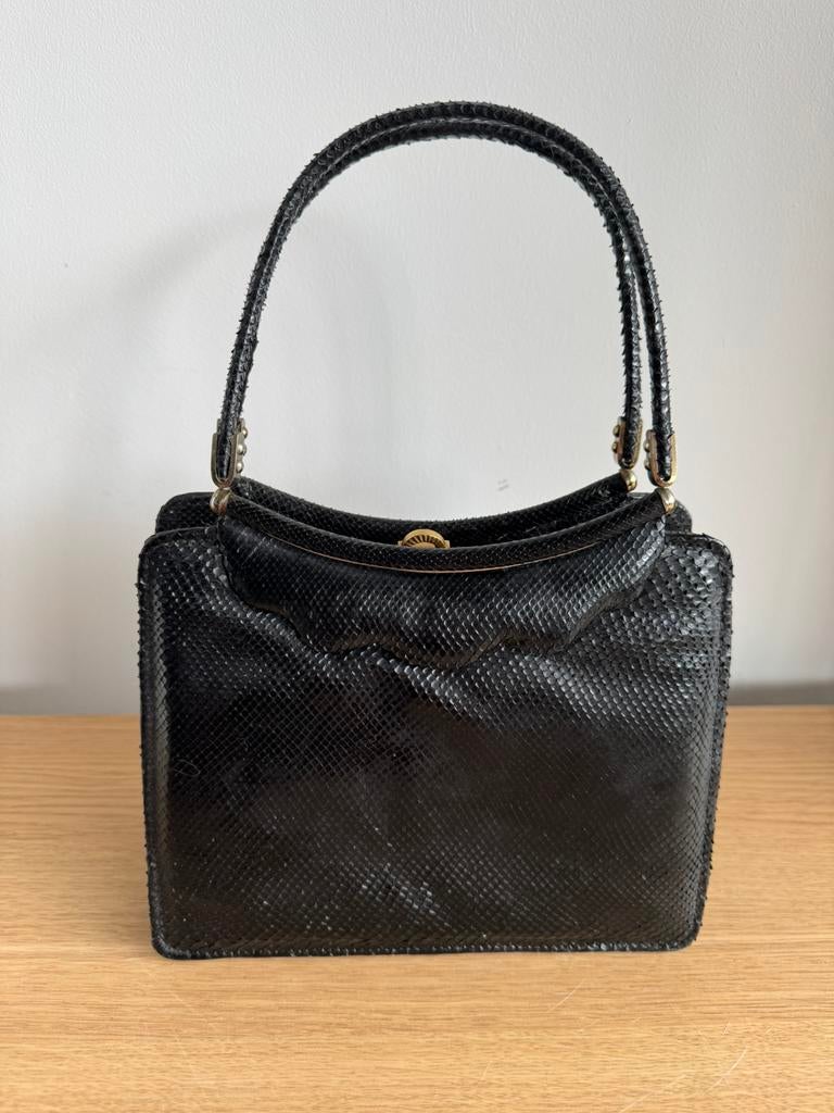 Vintage slangenleren zwarte handtas jaren 60, Handtassen en Accessoires, Tassen | Damestassen, Ophalen, Zo goed als nieuw, Handtas
