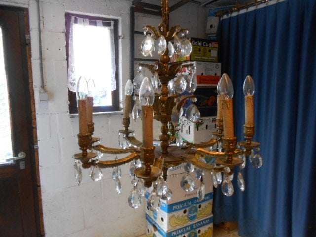 Zware bronzen parel luster met 8 lichtpunten., Ophalen