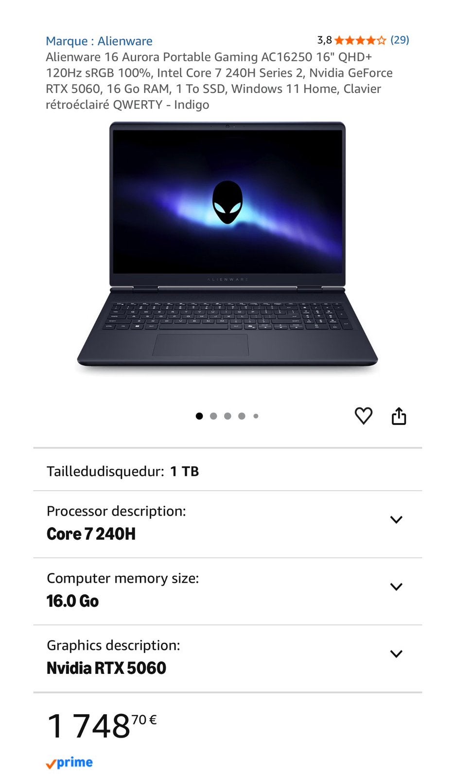 PC Gaming - Alienware 16 Aurora - AC16250, Neuf, Alienware, 16 pouces, 4 Ghz ou plus