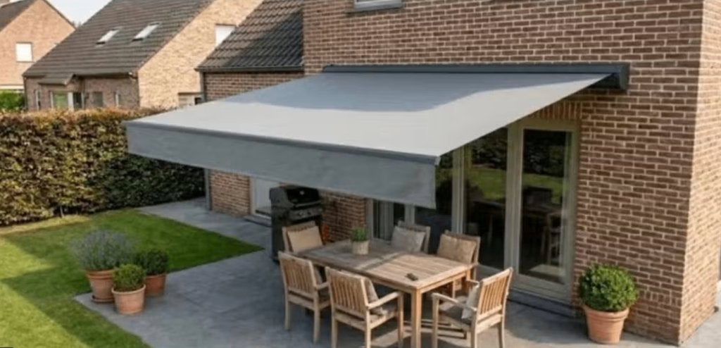 zonneluifel 3,95 m x 3,00 m met motor, Ophalen, Gebruikt, Elektrisch