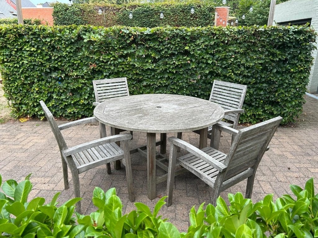 tuintafel teak met 4 stoelen, Ophalen, Gebruikt, Rond, Teakhout