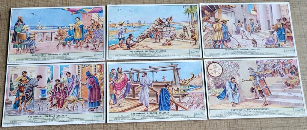 6 oude Liebig prenten: Archimedes, Enlèvement ou Envoi, Utilisé, Autres sujets/thèmes, Gravure