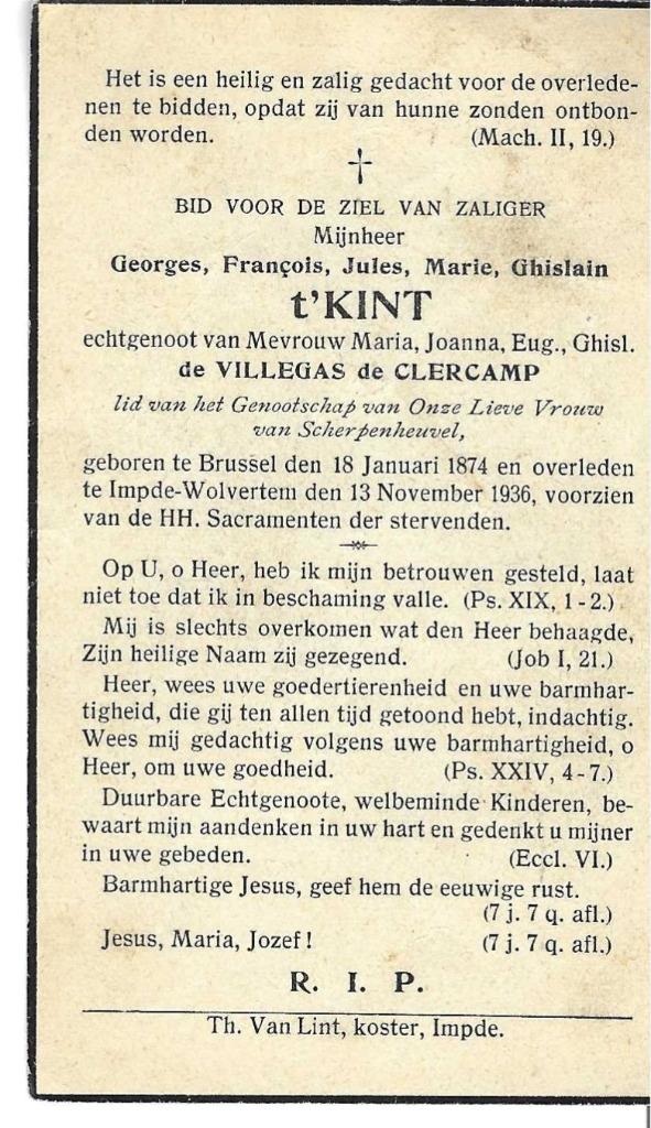 Georges, Francois, J.M.G. t'Kint  Wolvertem 1874-1936 adel, Ophalen of Verzenden