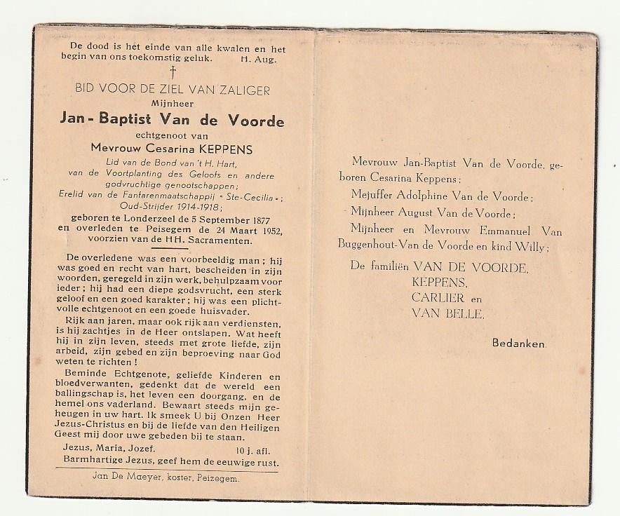 VAN DE VOORDE Oud-Strijder 14-18 Londerzeel Peissegem 1952, Verzamelen, Verzenden, Bidprentje
