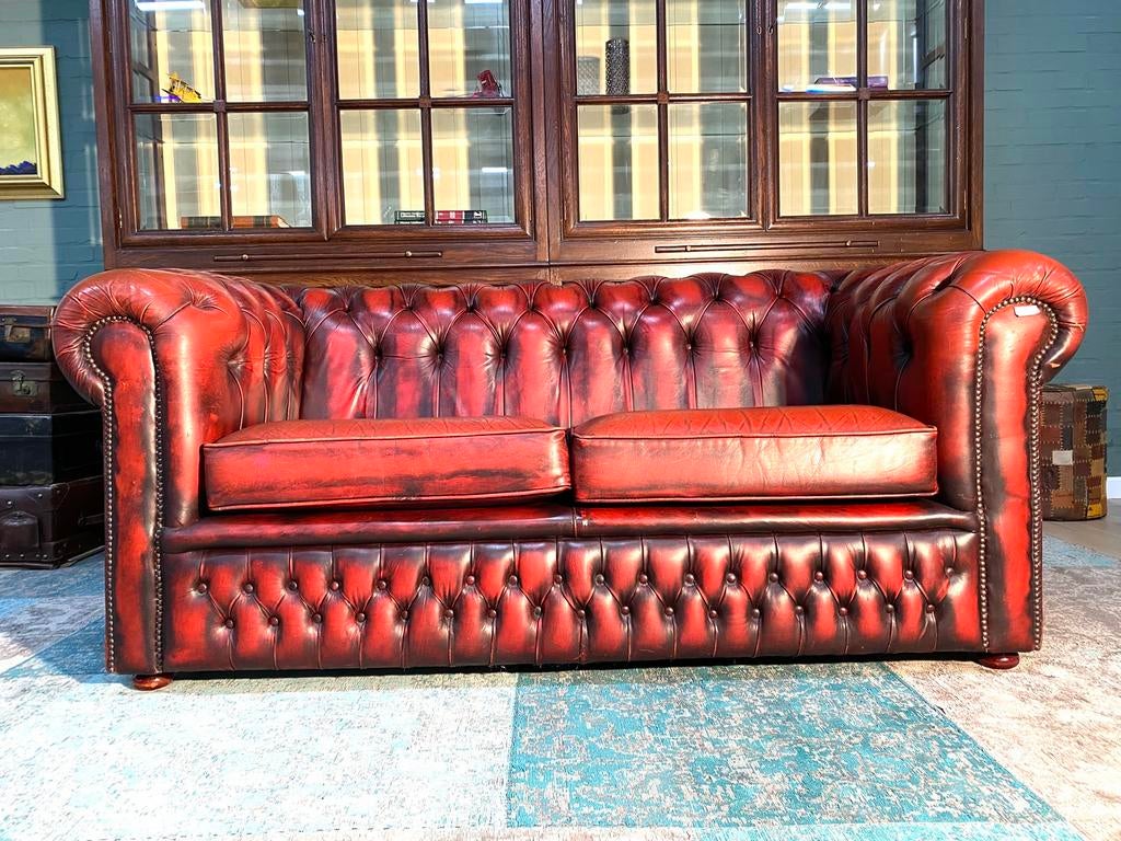 Engels Chesterfield zetel roodbruin, Ophalen of Verzenden, Zo goed als nieuw, Leer