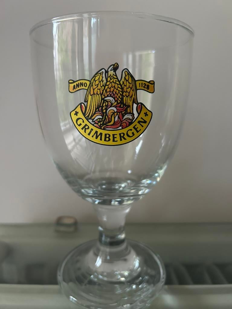Bierglas Grimbergen logo geel en roestkleurig, Ophalen, Zo goed als nieuw