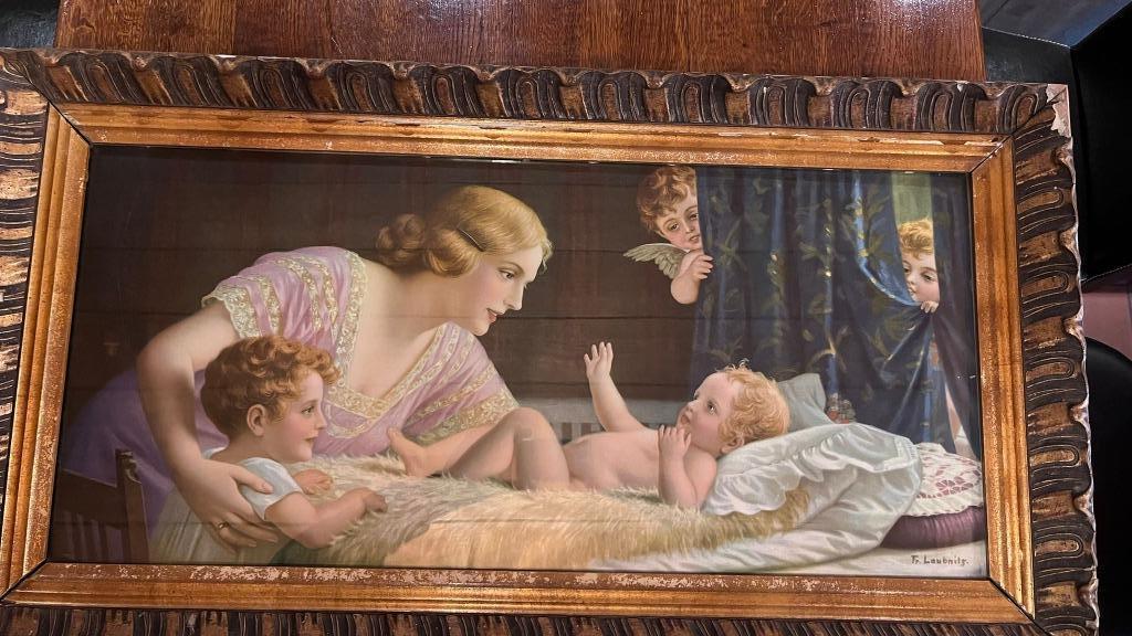 Antiek schilderij "Moeder met kinderen" gesigneerd T. Lambiń, Enlèvement