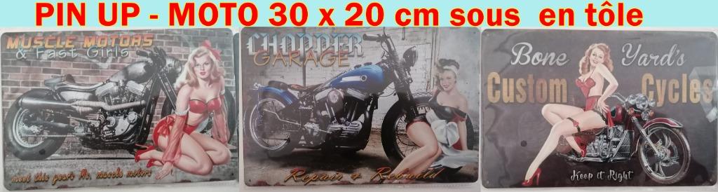 LOT DE  3  PIN UP -  MOTO 30 x 20 cm en tôle, Collections, Envoi, Neuf, Panneau publicitaire