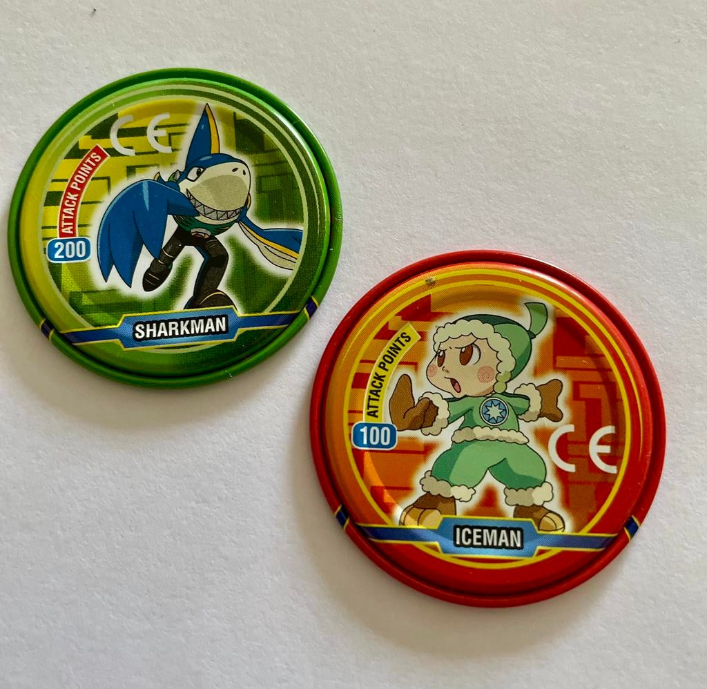 2x Megaman Tazo's 12-Maysa/Sharkman & 9-Tory/Iceman  flippo, Verzamelen, Ophalen of Verzenden