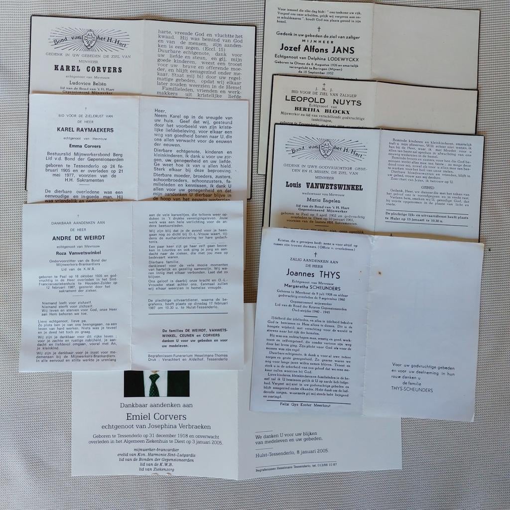 Lot van 8 bidprentjes: gewezen mijnwerkers, Ophalen of Verzenden