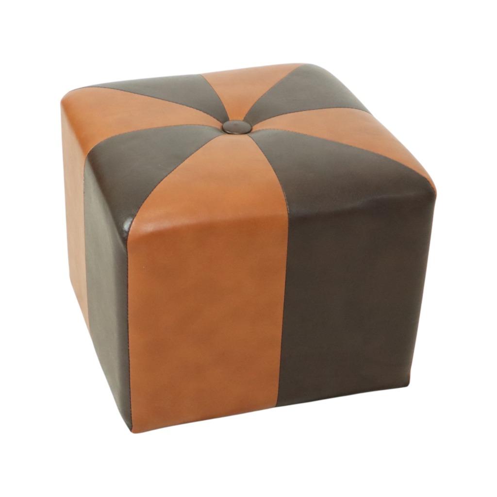 Vintage Vierkante Poef Skai Kunstleder Bruin Patchwork 41cm, Huis en Inrichting, Zetels | Voetbanken en poefs, Minder dan 50 cm