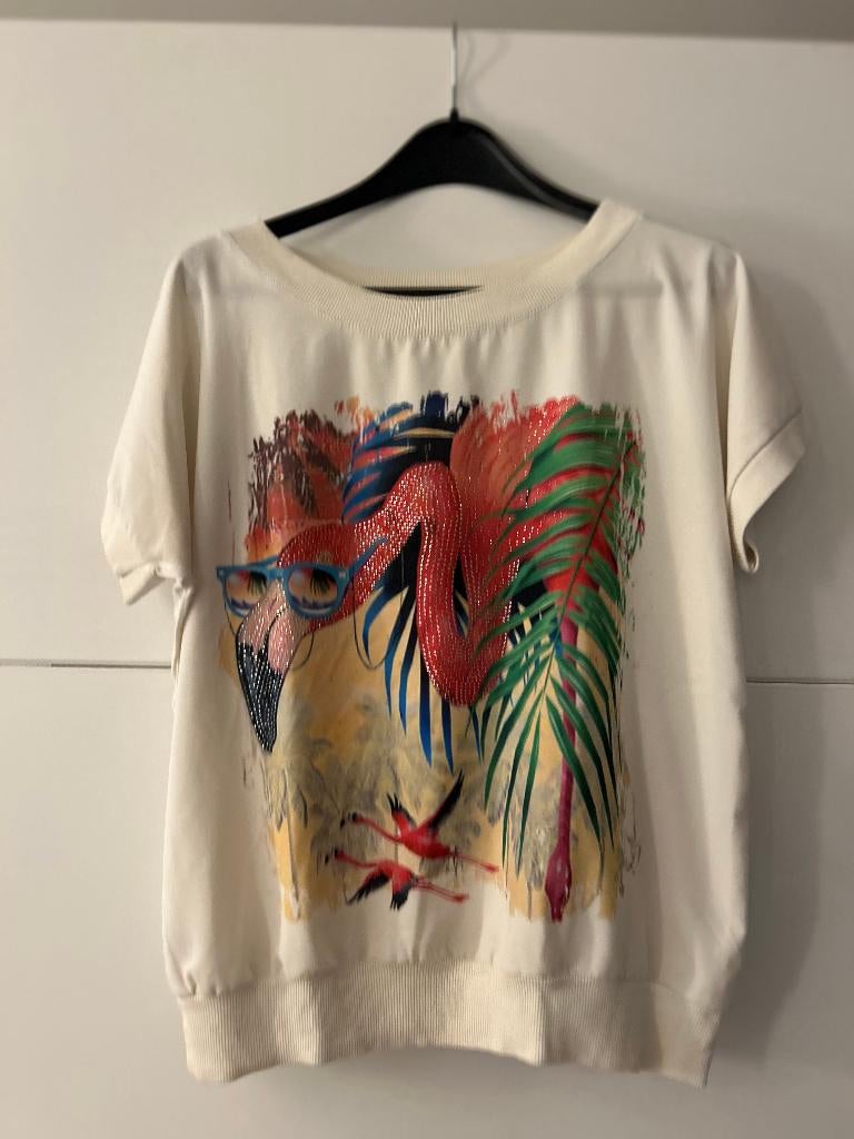 Julie Mode witte T-shirt met flamingo, Kleding | Dames, Julie Mode, Wit, Maat 46/48 (XL) of groter, Ophalen of Verzenden