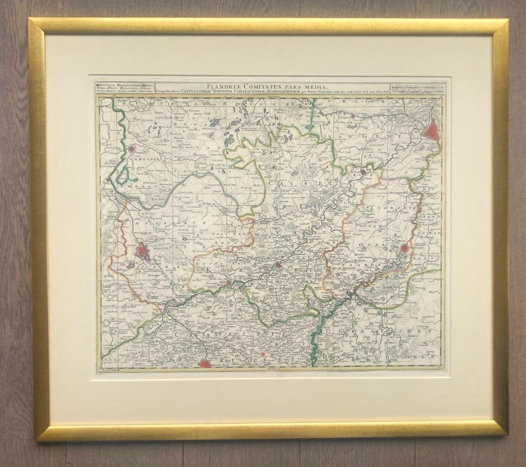 Mooi ingelijste Antieke kaart van Vlaanderen 1708 Visscher, Ophalen