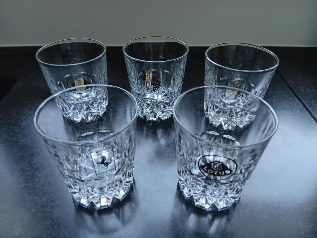 5 oude whiskeyglazen met autolabel, Collections, Enlèvement ou Envoi, Utilisé, Autres types