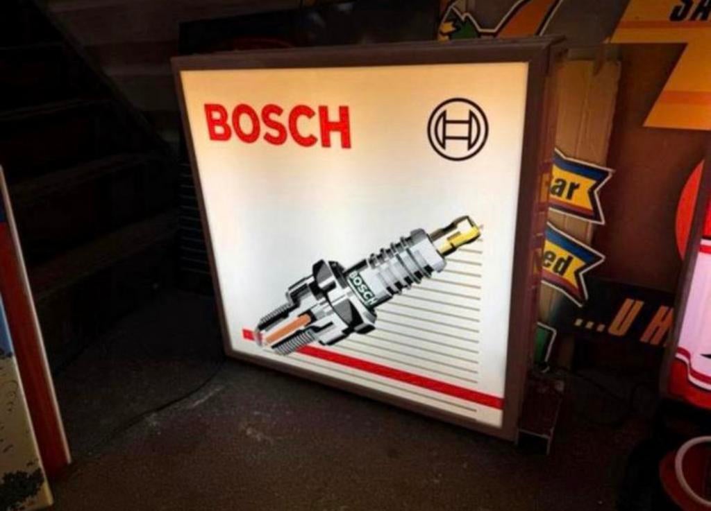 BOSCH bougie oude reclame lichtbak, Verzamelen, Ophalen, Gebruikt, Lichtbak of (neon) lamp