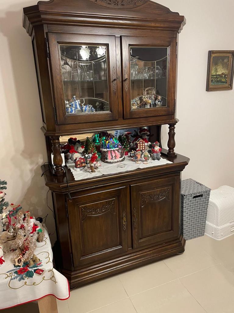 Rustieke massief houten livingkast met vitrine – 2-delig, Huis en Inrichting, Ophalen