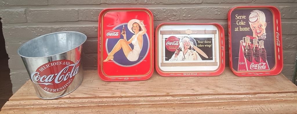 ,3 vintage metalen dienbladen en 1 ijsemmer,coca cola, Verzamelen, Ophalen of Verzenden