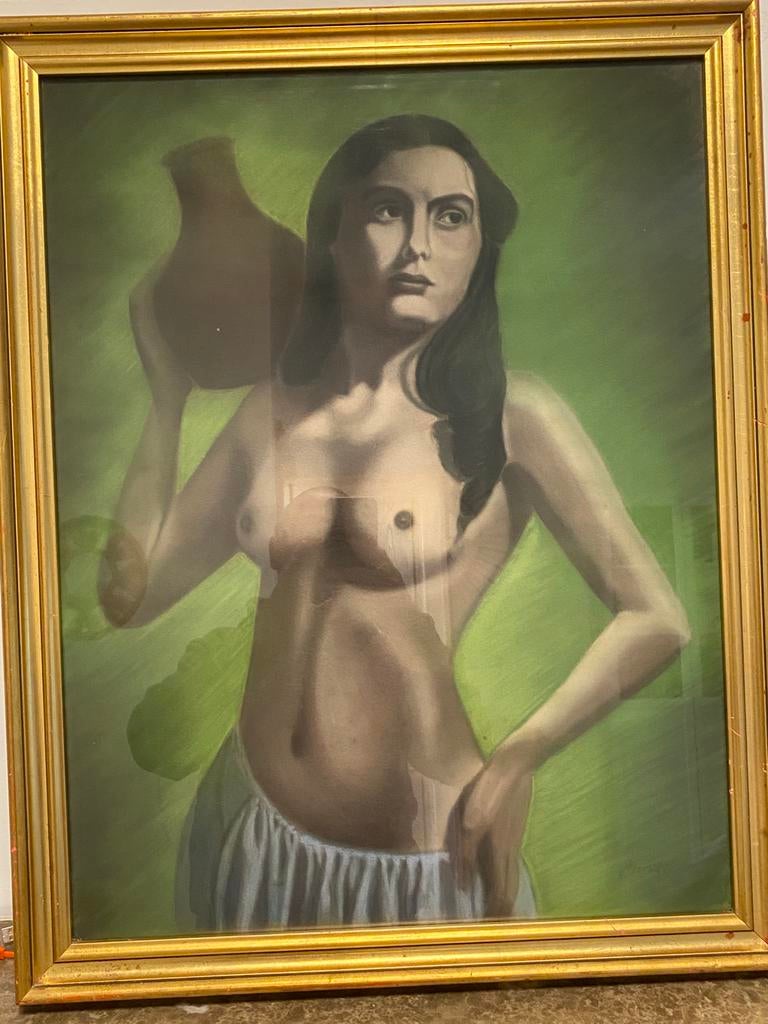 Pastel vintage  porteuse d’eau nue, Antiquités & Art, Enlèvement ou Envoi