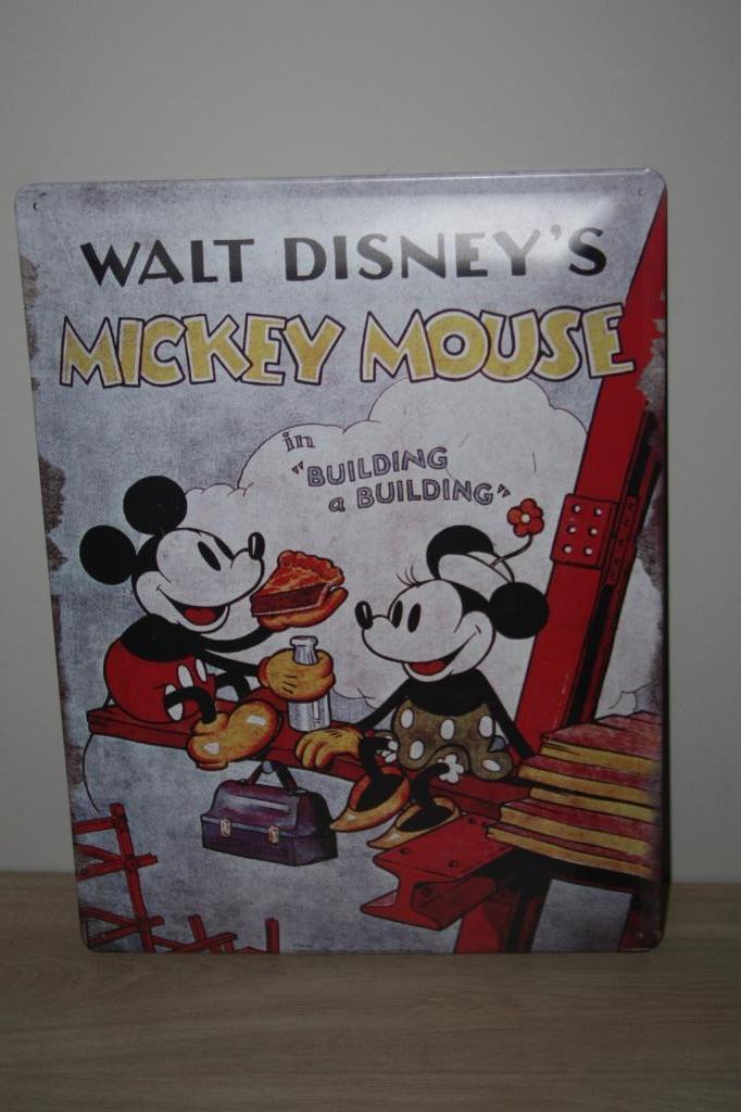 Walt Disney , Mickey in "building a building" , blik plaat, Enlèvement ou Envoi, Mickey Mouse, Comme neuf, Image ou Affiche