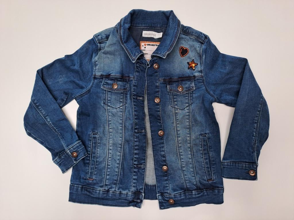 Veste en jean à sequins t 128 avec oiseaux, Enlèvement ou Envoi, Comme neuf, Orchestra, Fille
