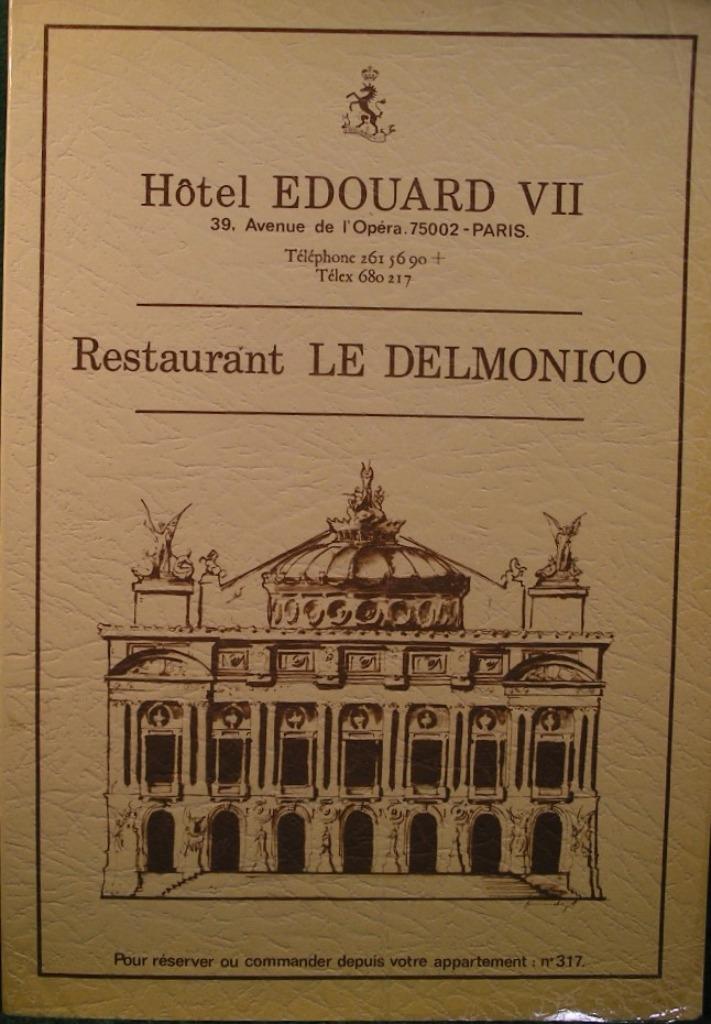 VINTAGE/MENU RESTAURANT DELMONICO/ANNEES'8O/EDOUARD VII, Enlèvement ou Envoi, Utilisé, Autres types