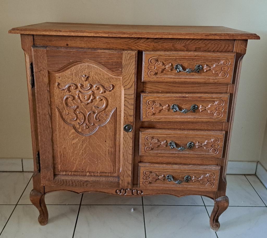 klassiek vol eiken commode kastje met 4 laden, Ophalen, Klassiek, Eikenhout, 50 tot 100 cm