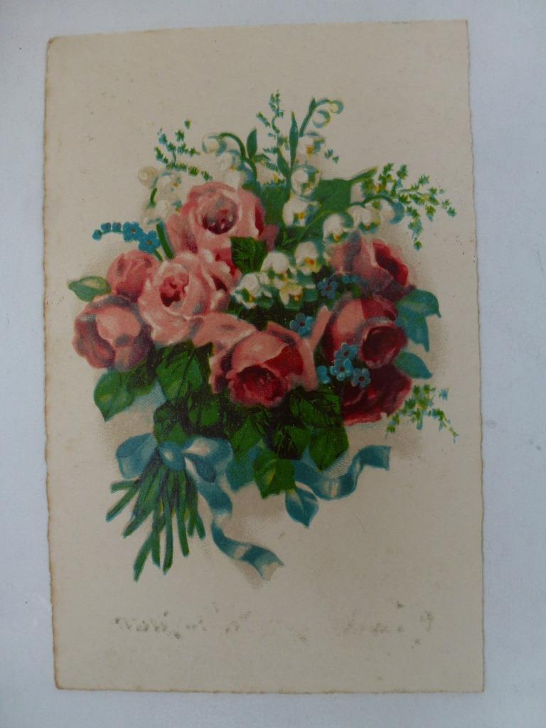 oude prentkaart bloemen rozen meiklokjes, Verzenden, Gelopen, Overige thema's