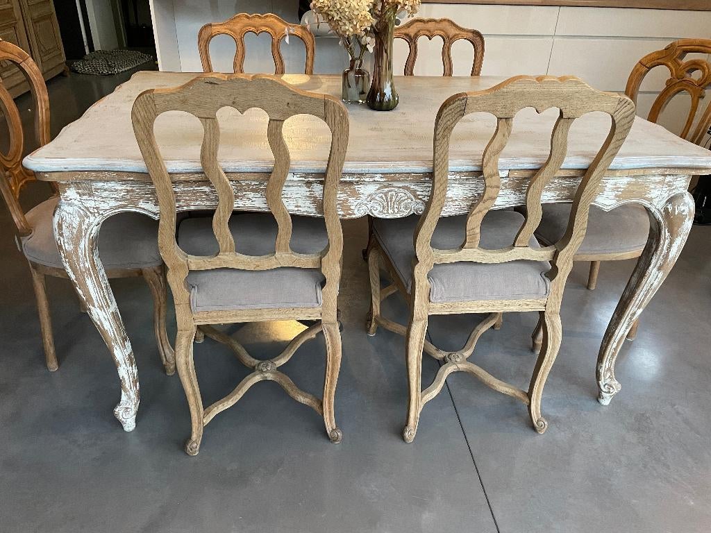 Gepatineerde houten eettafel + 6 stoelen, Huis en Inrichting, Ophalen, Gebruikt, Eikenhout, 50 tot 100 cm