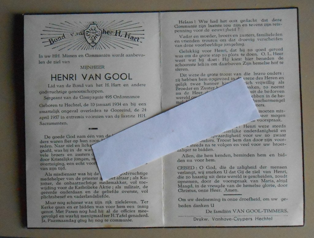Bidprentje Henri Van Gool Sergeant 495 Ord Compagnie ABL '53, Verzamelen, Ophalen of Verzenden, Bidprentje