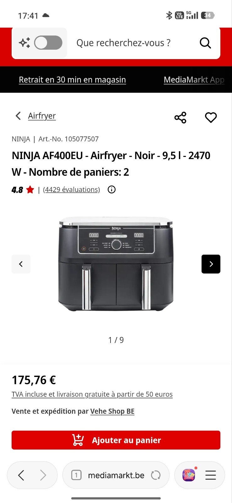 Airfryer Ninja, Enlèvement, Utilisé, Friteuse à air XL, 1500 grammes ou plus