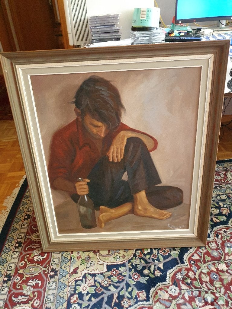 Schilderij 'Jongen met fles' (Olieverf op doek) – Reeles1979, Ophalen, Figuren, Handgeschilderd, Olieverf