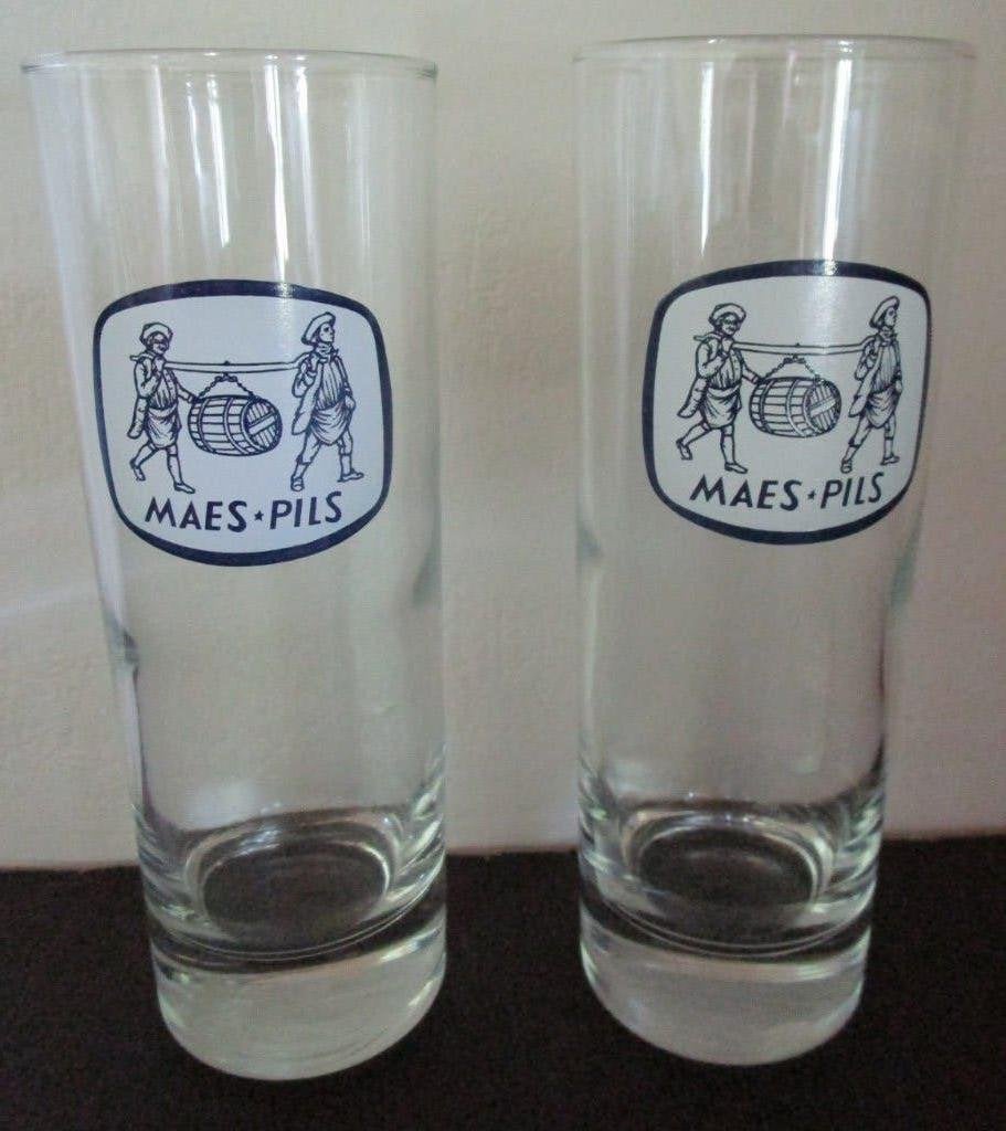 2 verres à bière MAES PILS - type long drink - vintage '90, Enlèvement ou Envoi, Comme neuf, Verre ou Verres, Heineken