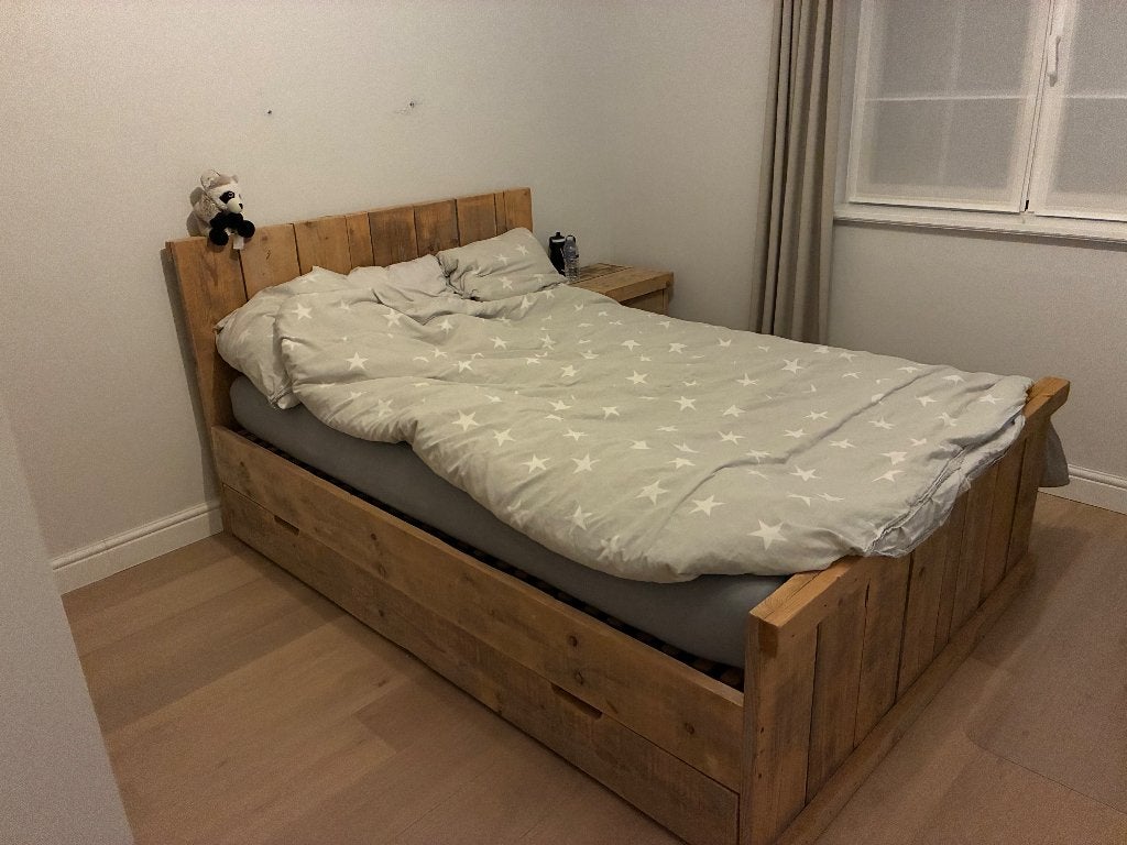 Steigerhouten bed en nachtkastje, Bois d'échafaudage, Brun, Enlèvement, 200 cm