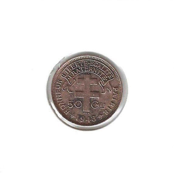 Cameroen, 50 Centimes 1943 SA, LIBRE added to legend., Postzegels en Munten, Munten | Afrika, Ophalen of Verzenden, Overige landen