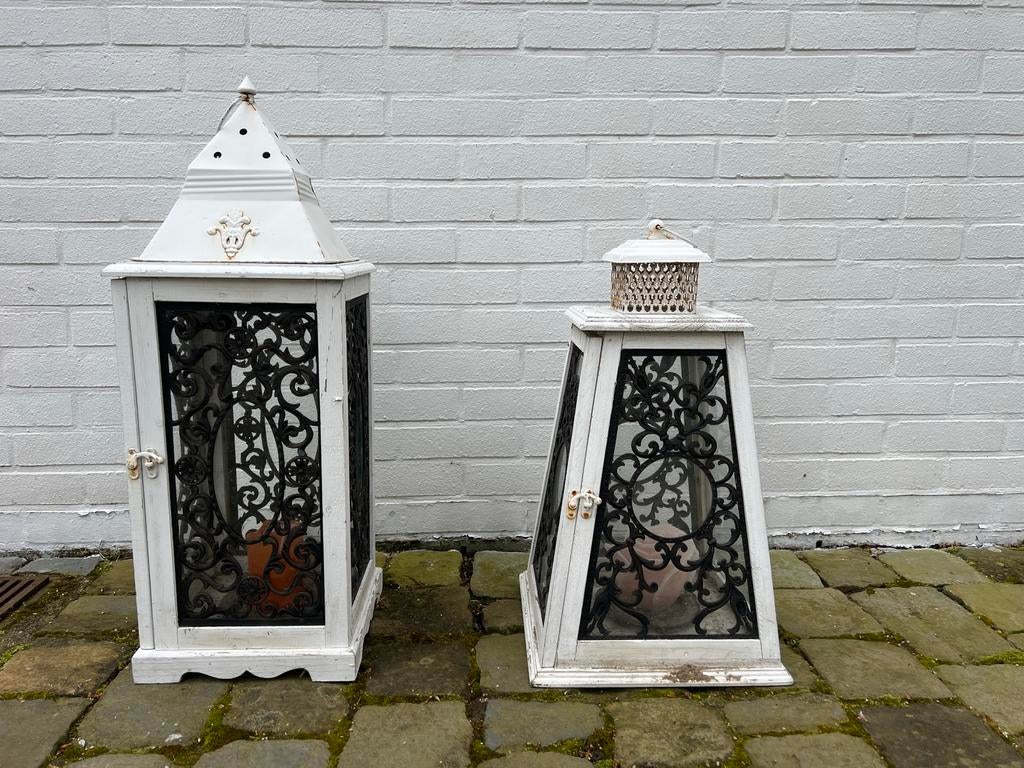 Set van 2 Decoratieve Lantaarns – Wit Hout & Metaal, Ophalen, Zo goed als nieuw, Wit, Hout